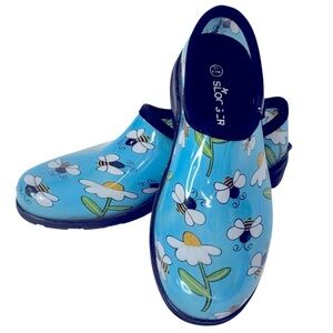 Sloggers Blue Bee & Flower Patterned Slip on Waterproof Garden Shoes Size 10